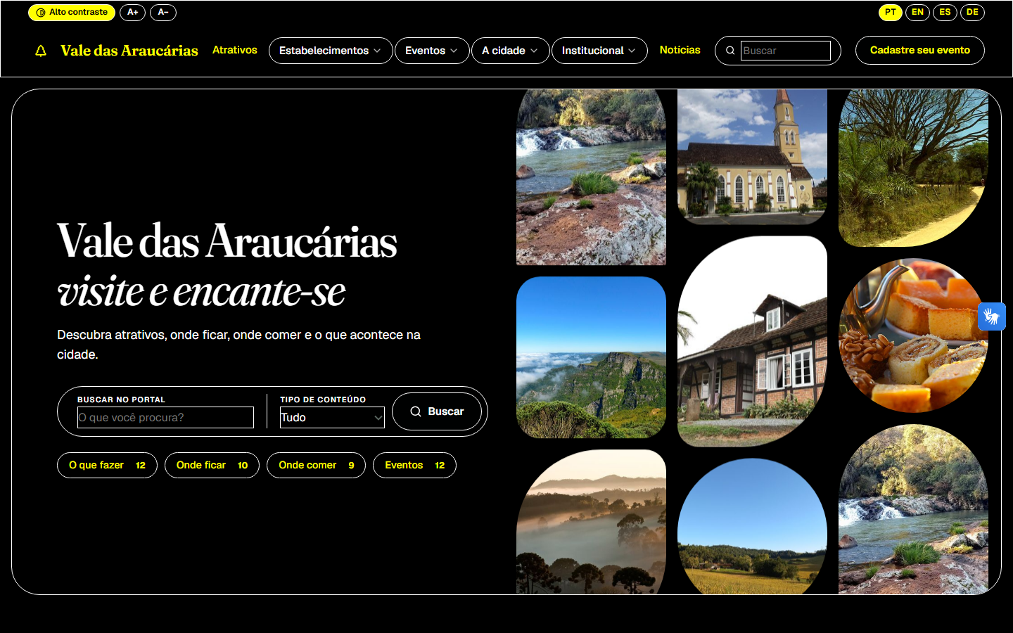 Página inicial do portal com o modo de alto contraste ativado