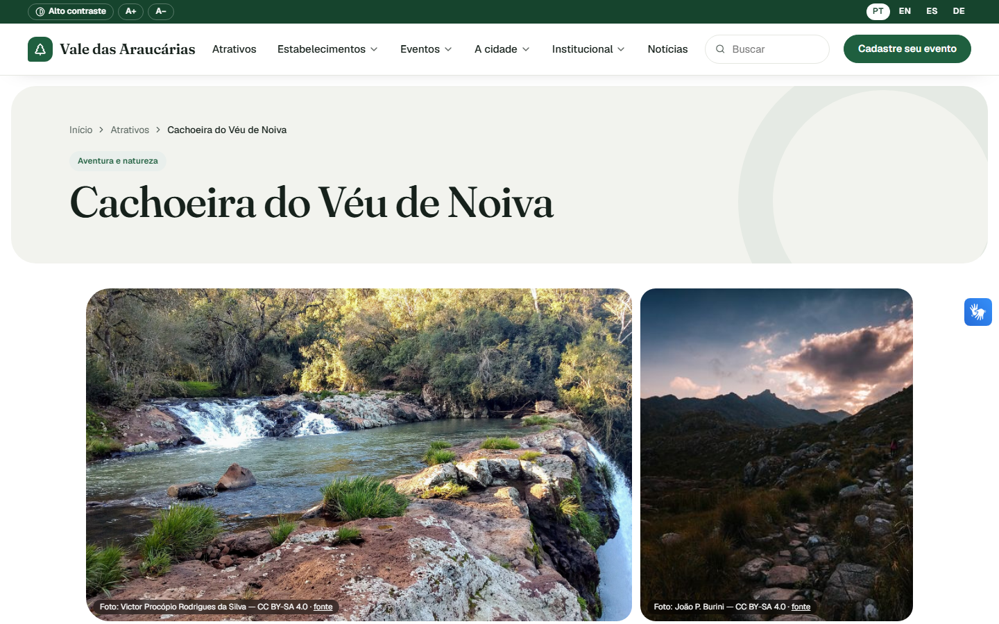 Página de um atrativo, com foto grande, mapa, horários e botão Como chegar
