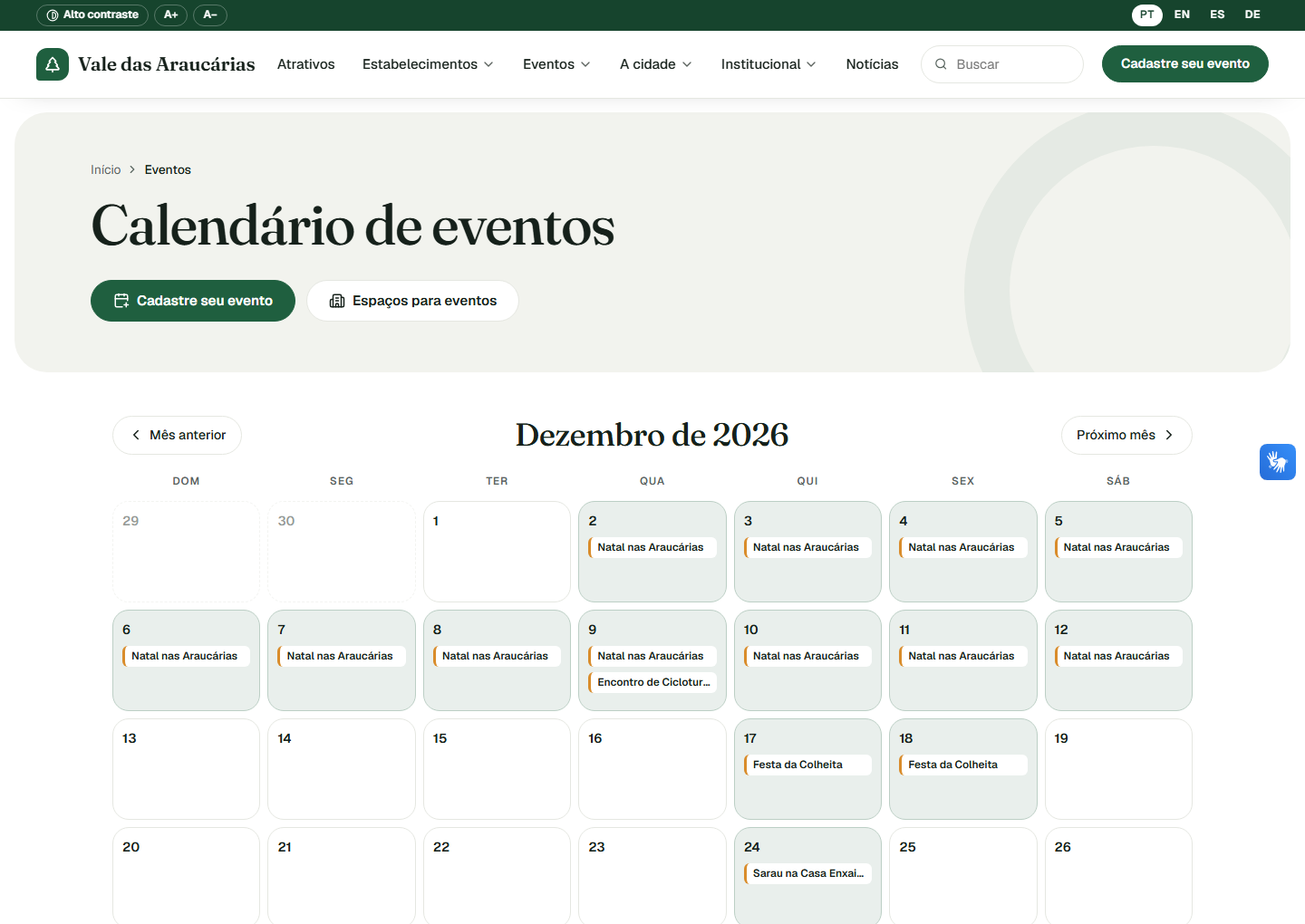 Calendário mensal de eventos do portal, com os eventos nos dias do mês