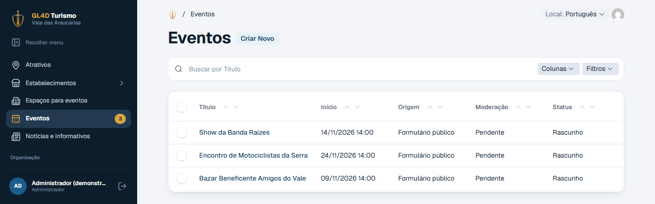 Lista de eventos enviados pelo público aguardando moderação no painel