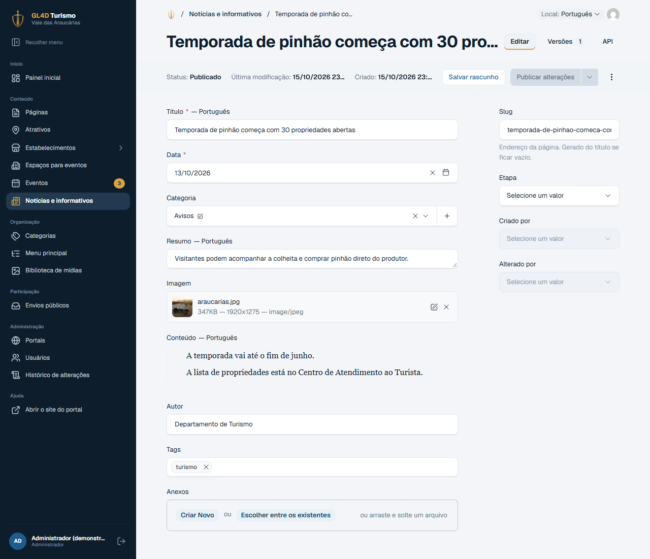 Painel de edição de uma notícia, com título, categoria, imagem e editor de conteúdo